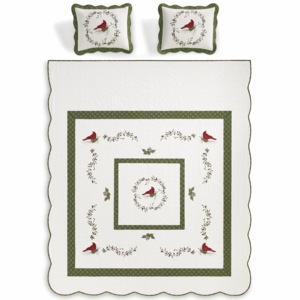 Cardinal Embroidered Hand-Pieced Quilted Bedspread, , large