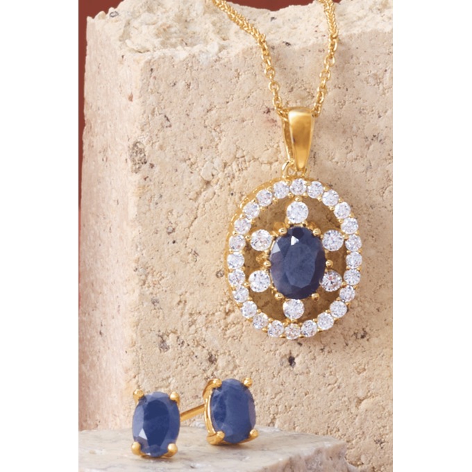 Gemstone Oval Frame Necklace & Earring Set, , large