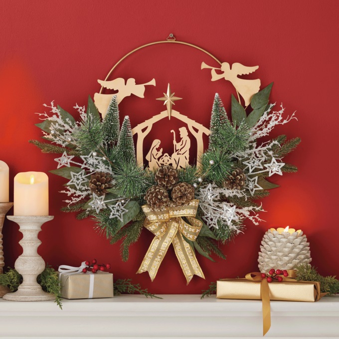 Metal Nativity Festive Wreath, Green, large