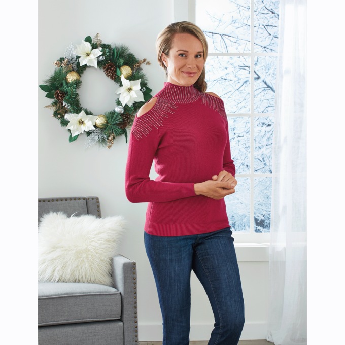 Sofia Embellished Cold-Shoulder Sweater, , large