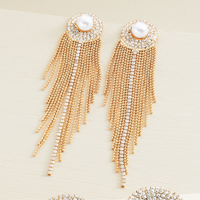 Crystal Fringe Goldtone Earrings, , large