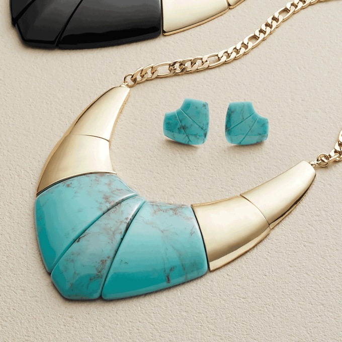 V-Shaped Bib Necklace & Earring Set, Faux Turquoise, large