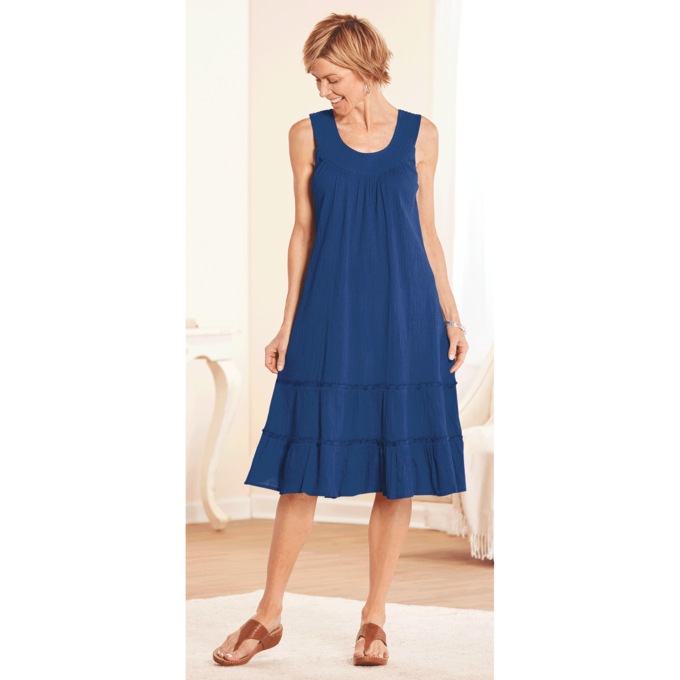 Crinkle Cotton Tiered Dress - Solid, Indigo, large