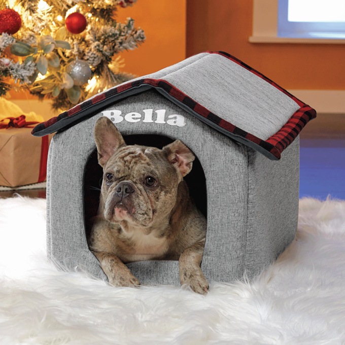 Soft Foldable Pet House, Gray with Red Plaid, large