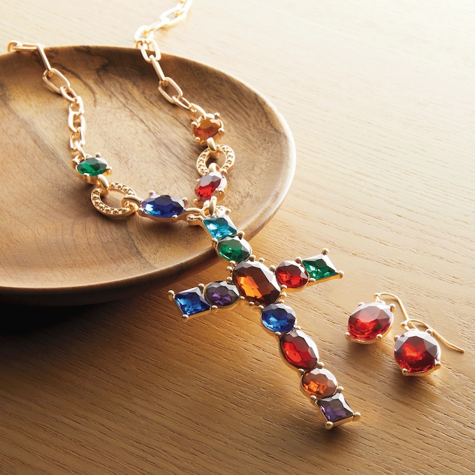 Crystal Cross Necklace & Earring Set, , large