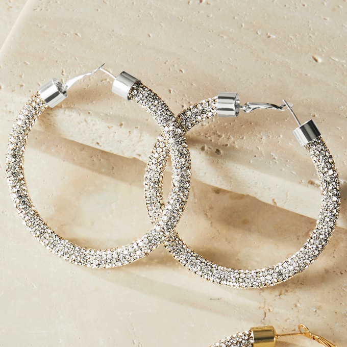 Crystal Pav&eacute; Hoops, Silvertone, large