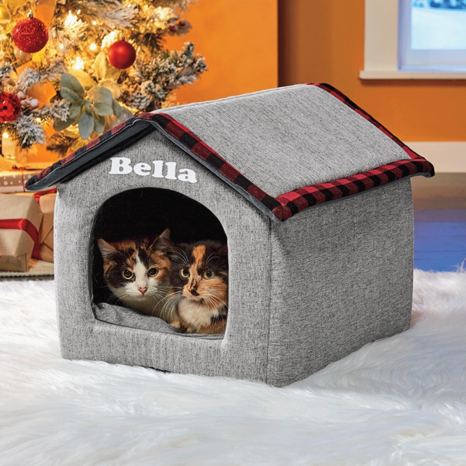 Soft Foldable Pet House, Gray with Red Plaid, large