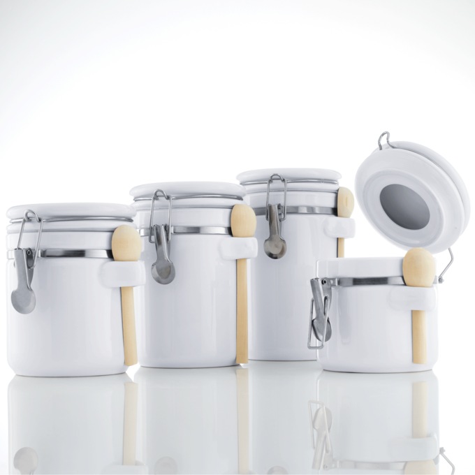 4-Piece Canister Set with Spoon, White, large