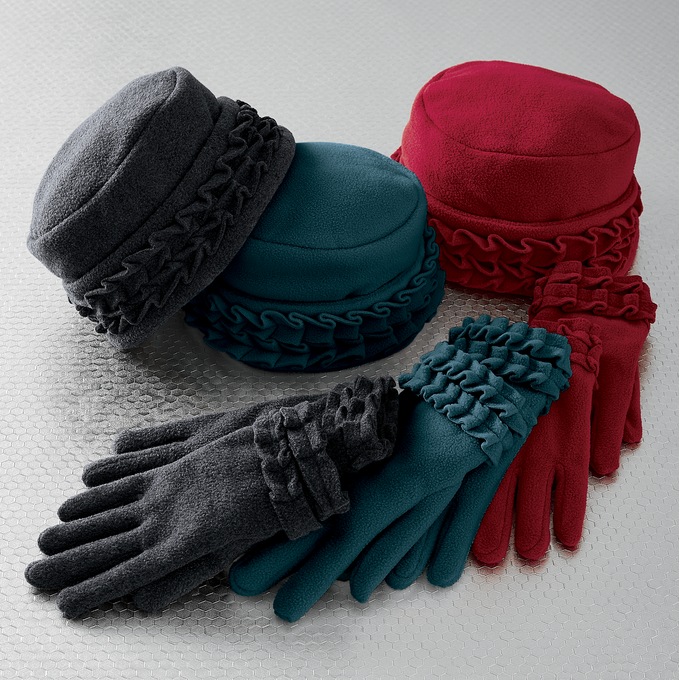 Ruffle-Trim Glove and Hat Set, , large