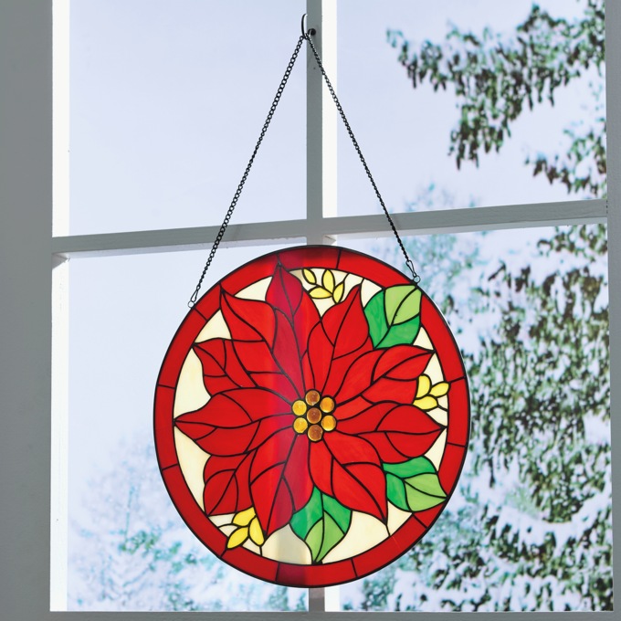 Handcrafted Stained Glass Poinsettia Hanging Art, Multi, large
