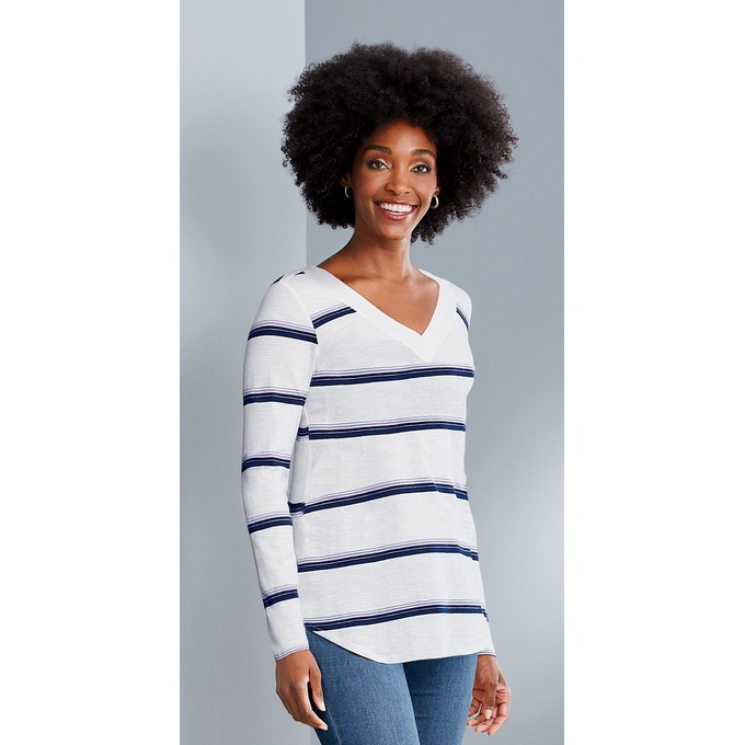 Double V-Neck Top, White Stripe, large