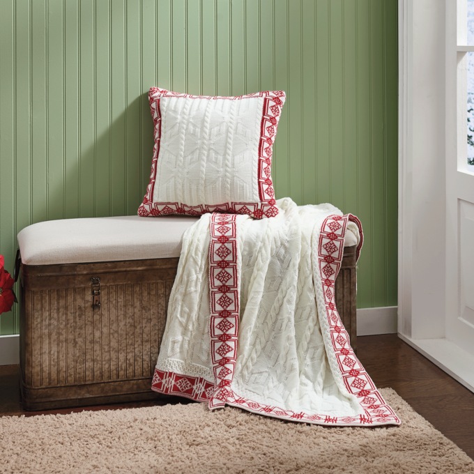 Cable Knit Throw Blanket and Pillow Set, Red, large