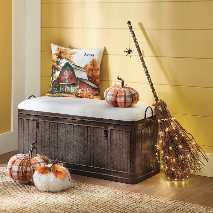 Rustic Galvanized Storage Bench with Upholstered Seat, , large