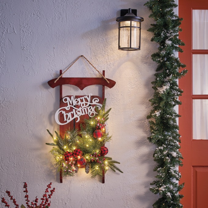 Rustic Wooden Christmas Sleigh Wall D&eacute;cor with LED Lights, Burgundy, large