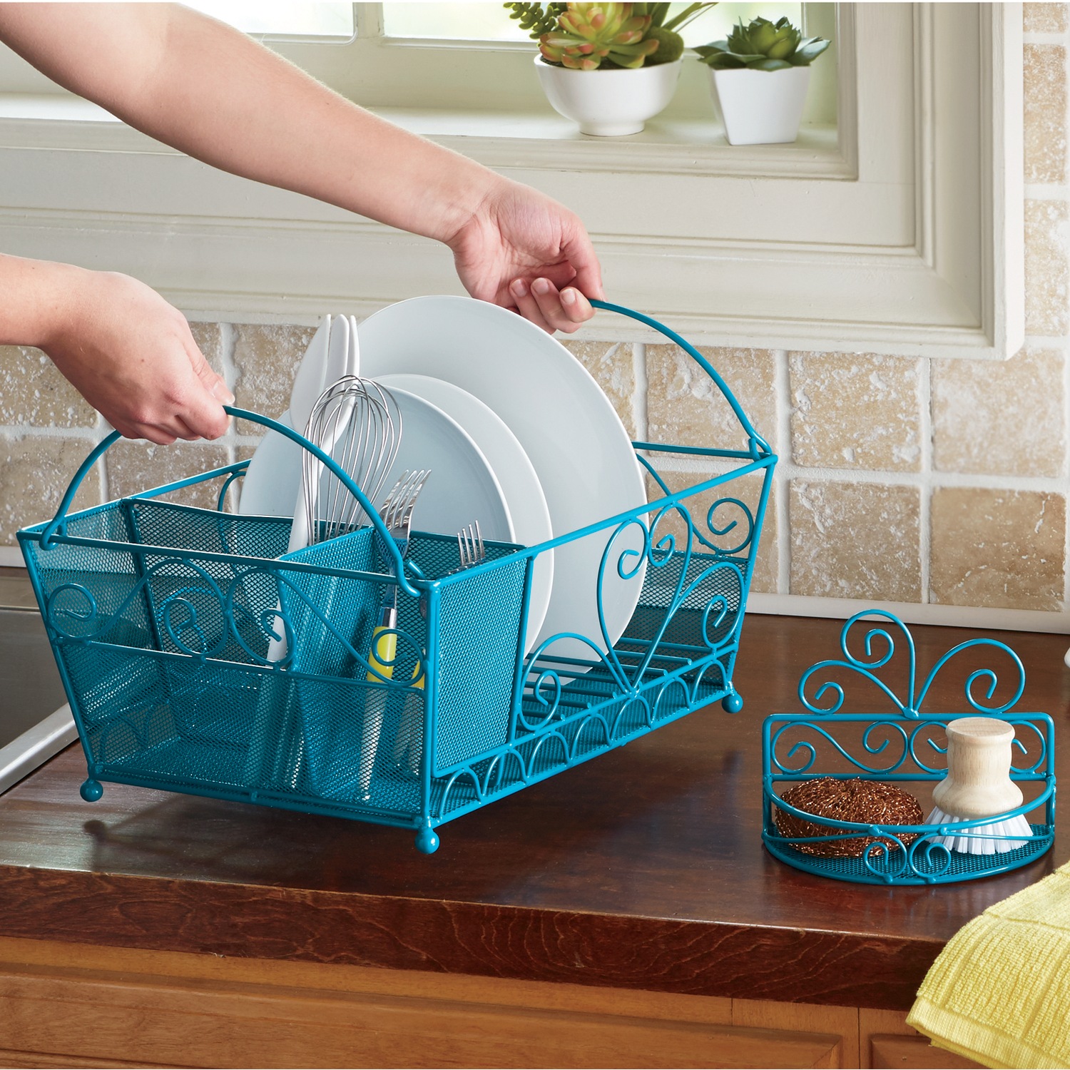 Scroll Dish Drainer And Sponge Rack Montgomery Ward Home key dish drying rack kitchen drainer, 2 tier stainless steel shelf for counter organization and storage, with drain board, utensil. scroll dish drainer and sponge rack