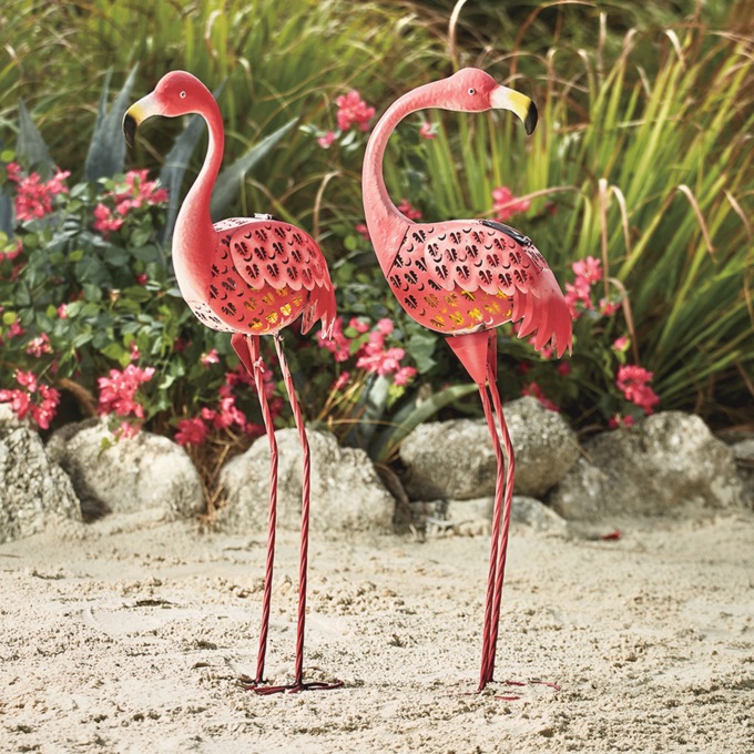 Set of 2 Solar Pink Flamingo Statues, , large