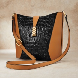 M.C. Handbags Elizabeth Genuine Leather Crossbody with Croco Embossing, , large