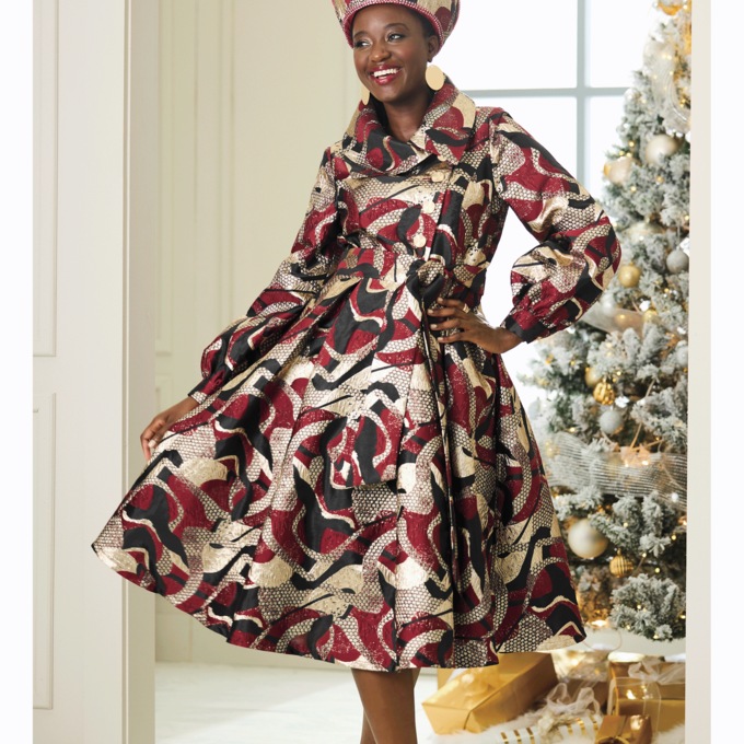 Kelcia Fit-and-Flare Jacquard Dress with Balloon Sleeves and Statement Collar, , large