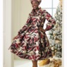 Kelcia Fit-and-Flare Jacquard Dress with Balloon Sleeves and Statement Collar, , large