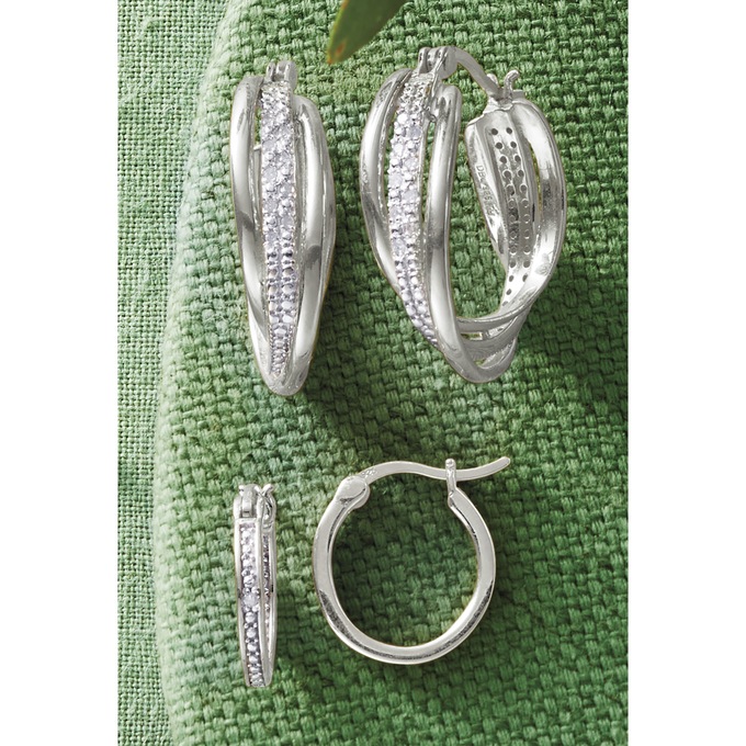 Diamond-Accented Thin/Swirl 2-Pair Hoop Set, , large