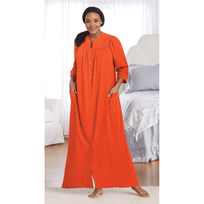 Snap-Front Long Terry Robe, Coral Red, large