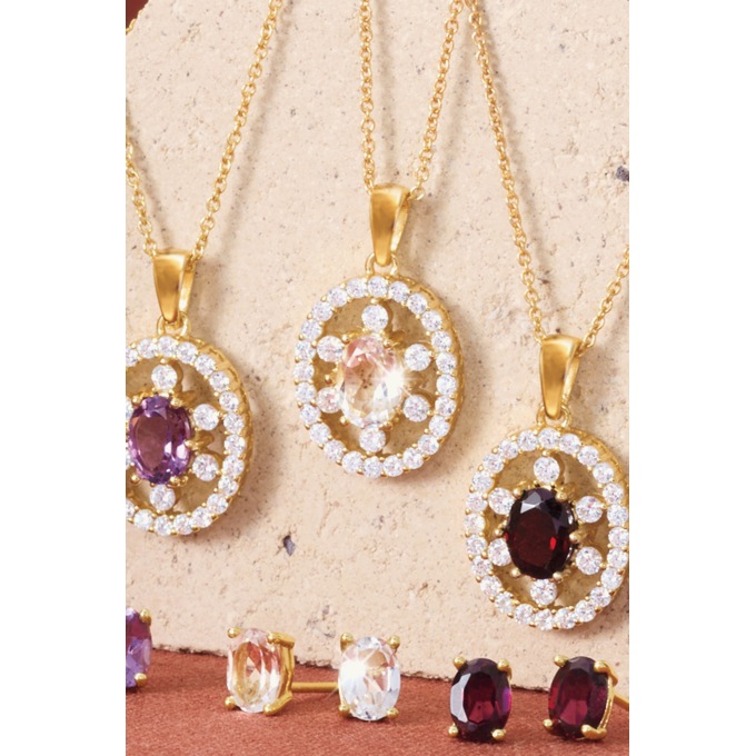 Gemstone Oval Frame Necklace & Earring Set, , large