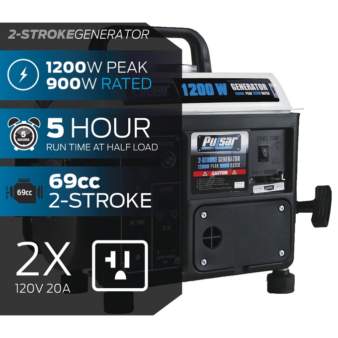 Pulsar 1200W/900W 2-Stroke Gas Generator, Black, large