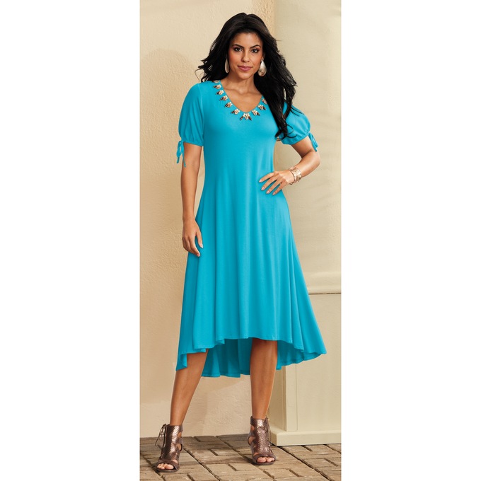 Georgine A-Line Dress with Beaded V-Neck and Puffed Sleeves, , large