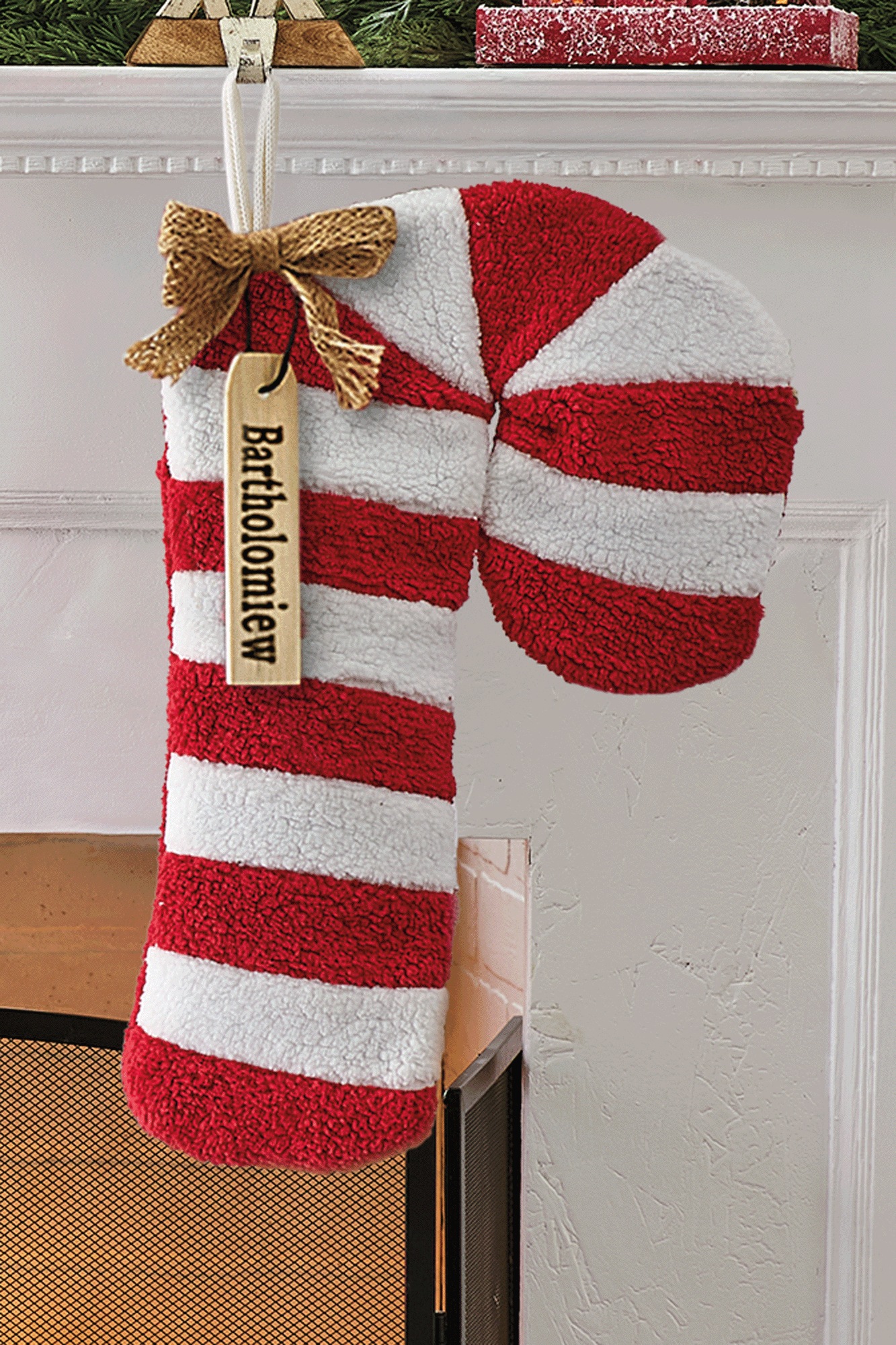 Fuzzy Candy Cane Figural Stocking, Red/White, large