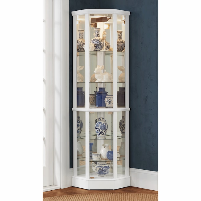 Tessa Lighted Display Corner Curio Cabinet with Glass Shelves and Mirrored Back, White, large