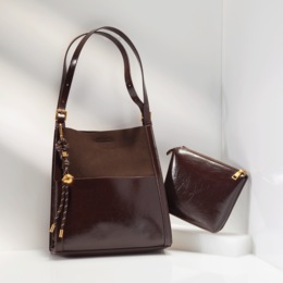 Faux Leather North South Bag and Pouch Set, , large