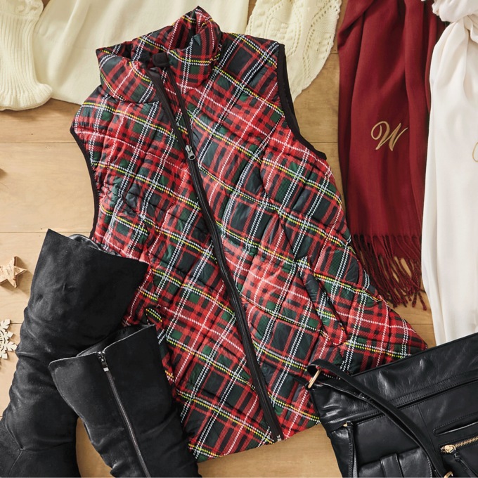 Light Puffer Vest, Red Black Tartan Plaid, large