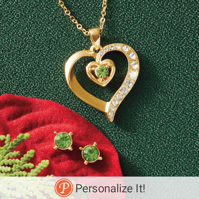 Personalized Birthstone Heart Pendant & Earring Set, , large