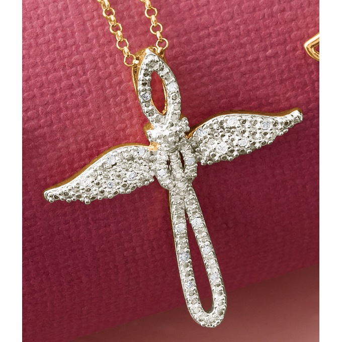 Diamond Cross with Wings Pendant, , large