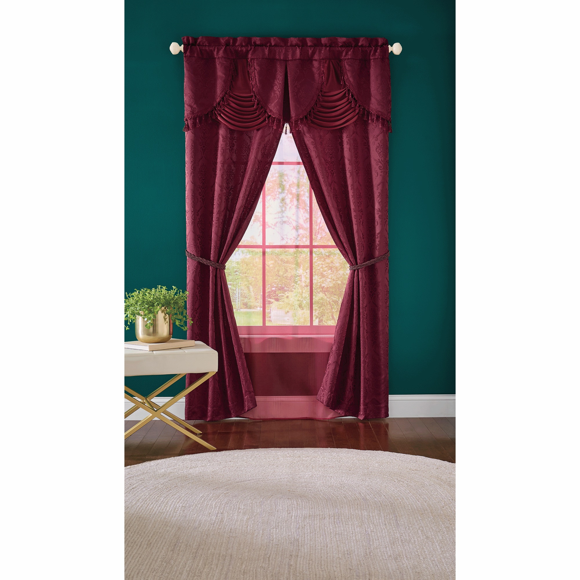Montgomery Ward Alicia Window Set - Burgundy/Gold Curtain Panel With Valance & Tie Backs