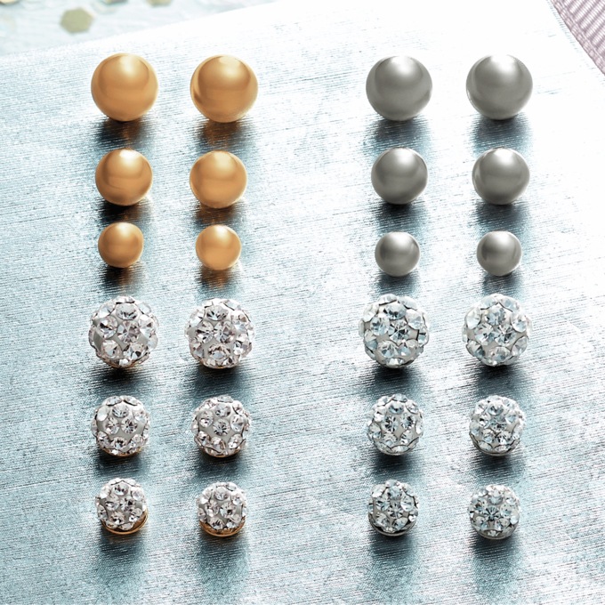 6-Pair Cubic Zirconia & Ball Post Earrings Set, , large