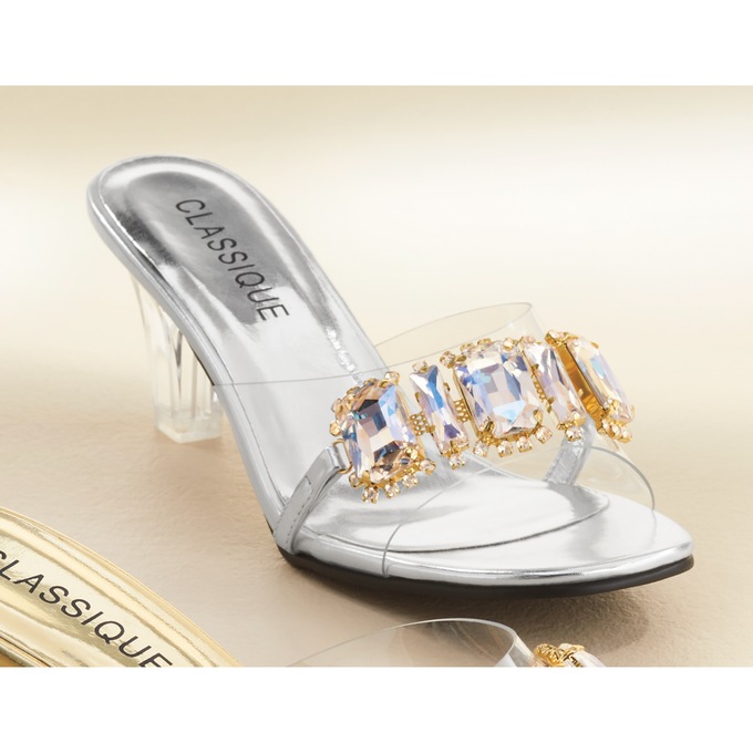 The Classique Vinyl Rhinestone Slide for Women with a Clear 2.5" Lucite Heel, Silver, large