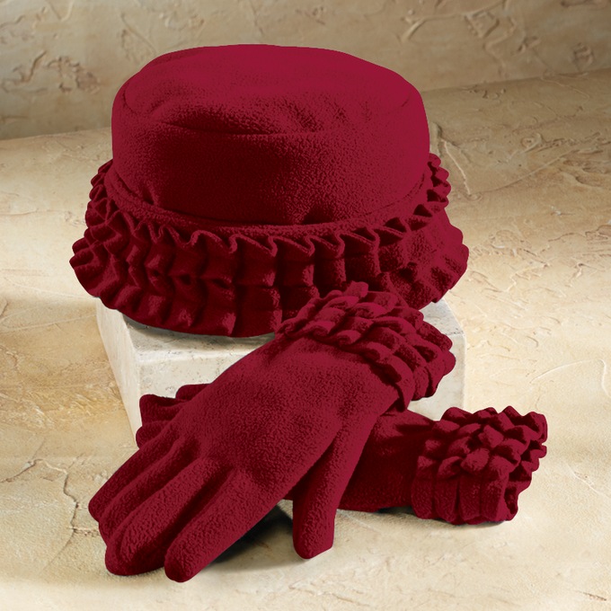 Ruffle-Trim Glove and Hat Set, , large