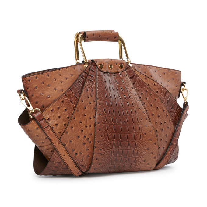 Croco-Fan Embossed Faux Leather Handbag &ndash; Fanned Design with Zip Closure, Inside Pockets & Removable Strap, , large