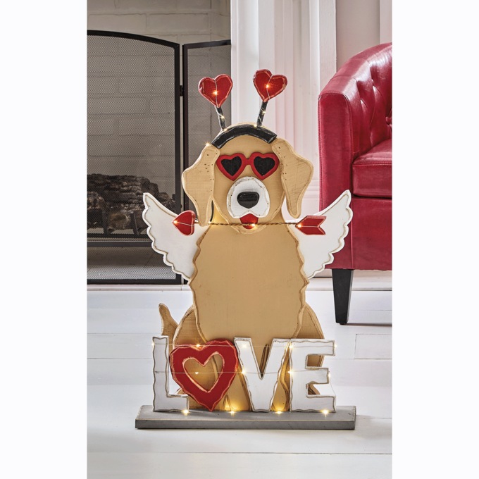 Chunky Wood Lit Valentine Dog, , large