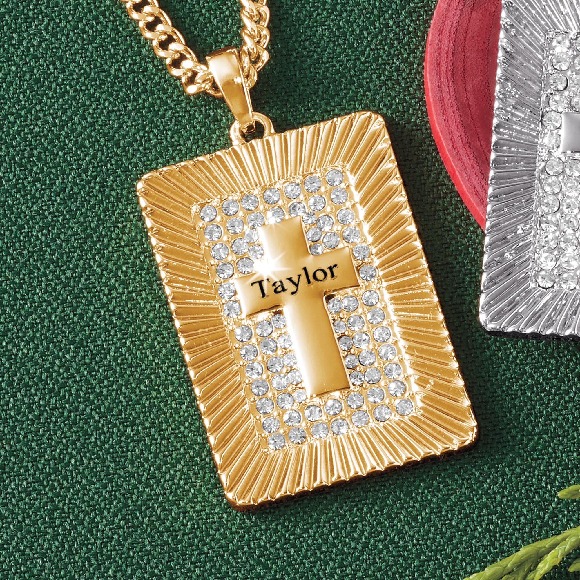 Name Crystal Cross Pendant, Goldtone, large