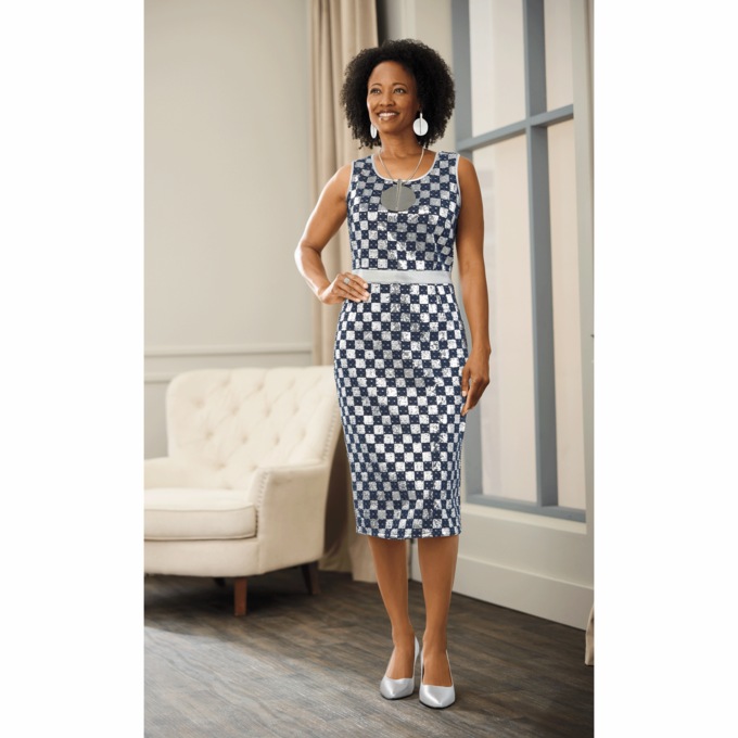 Checkerboard Denim and Sequin Jacket Dress, , large