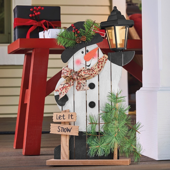 Solar Chunky Wood Cutouts Snowman Outdoor D&eacute;cor with Lantern , , large