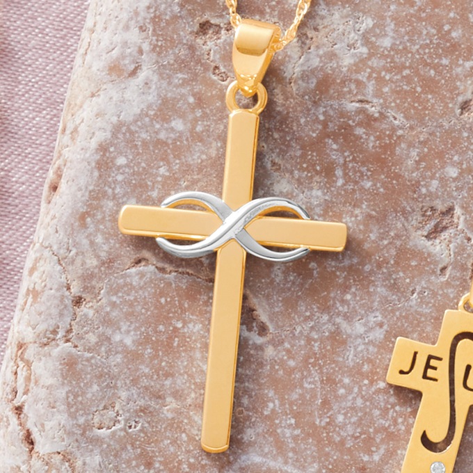 10K Gold Two-Tone Cross Eternity Pendant, , large