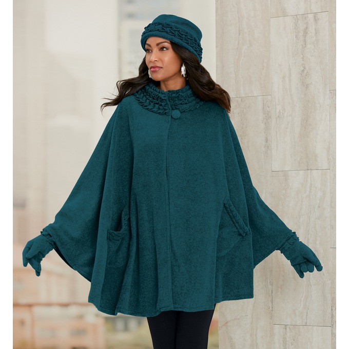 Fleece Ruffle-Trim Cape, Teal, large