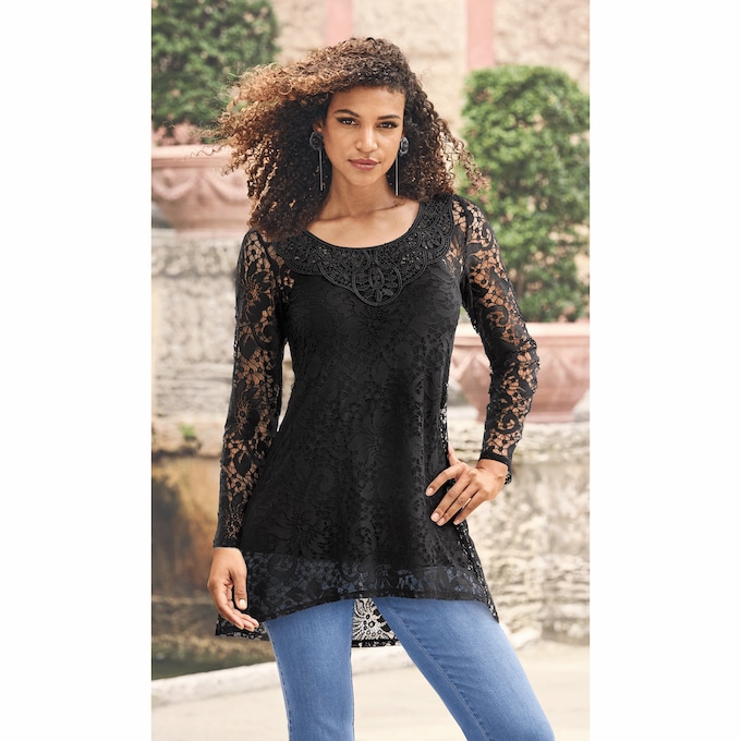 Sofia Lace High-Low Tunic with Appliqué Neckline, , large