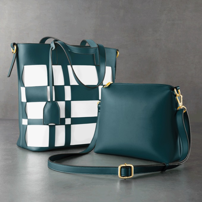 M.C. Handbags 2-Piece Woven Plaid Tote Set, Teal White, large