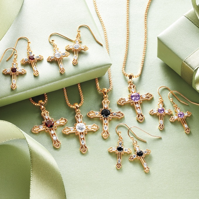 Gemstone Cross Pendant & Earring Set, , large