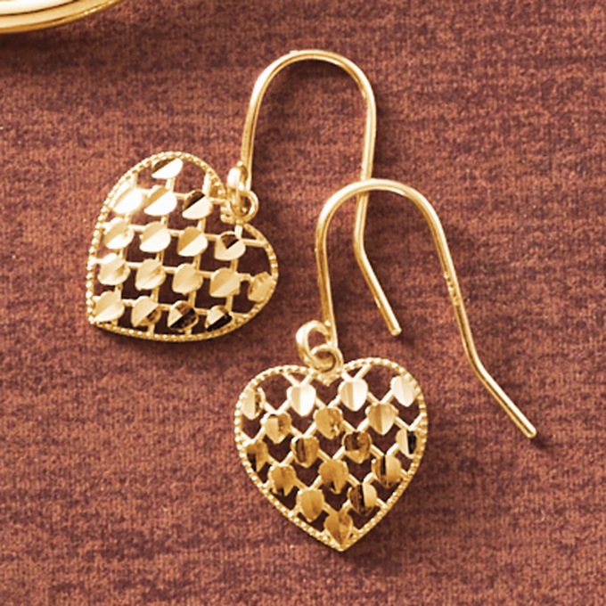 10K Gold Heart Quilt Drop Earrings, , large