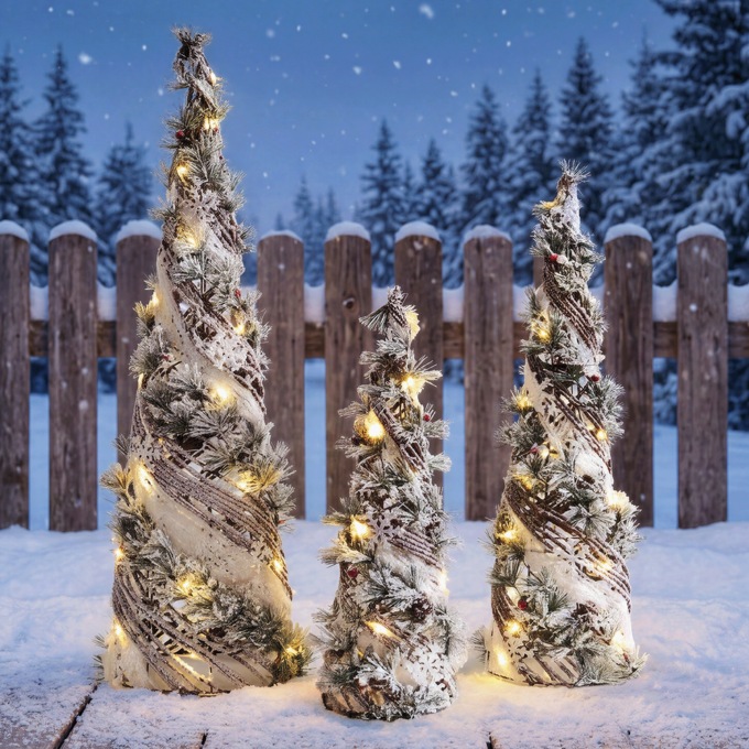 Set of 3 Outdoor LED Lighted Cone Trees, Green, large